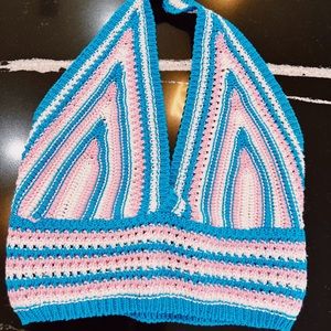 top, handmade in italy, crocheted, blue, pink, and white